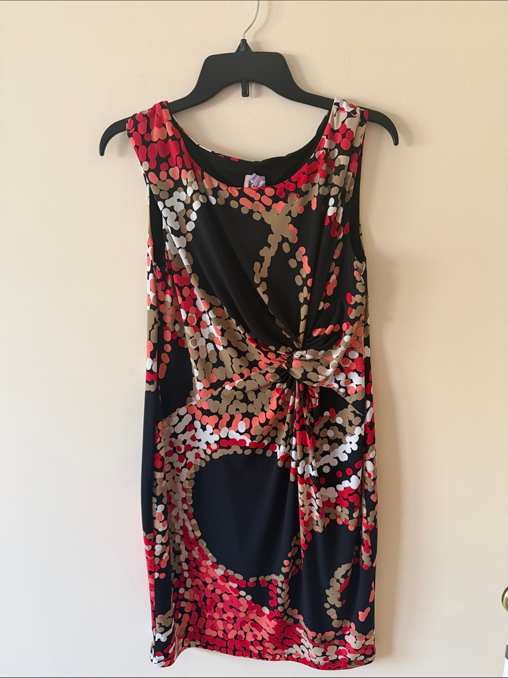 Anne Klein Black Dress with Red, Tan & White Dot Motif